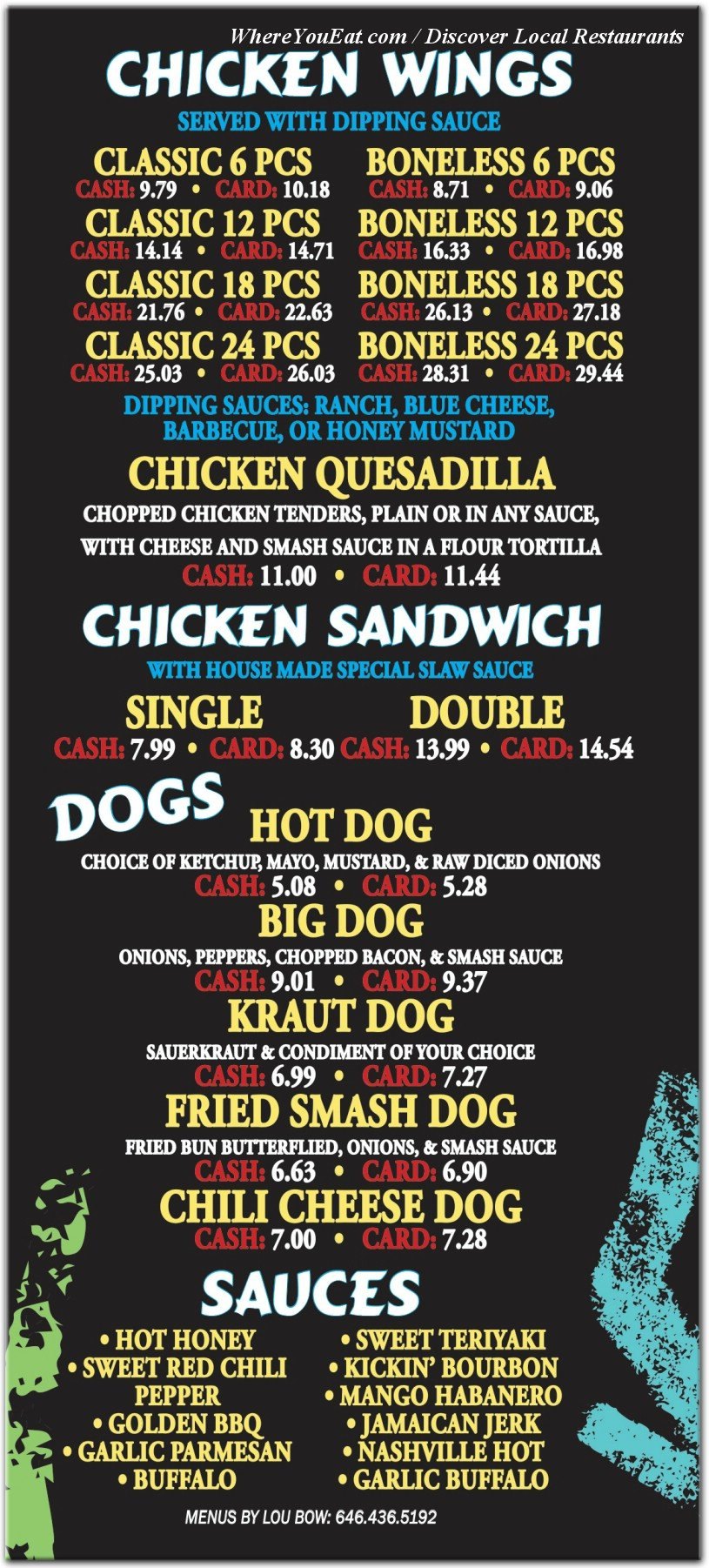 Chicken wings, sandwiches, dogs and sauces menu scan