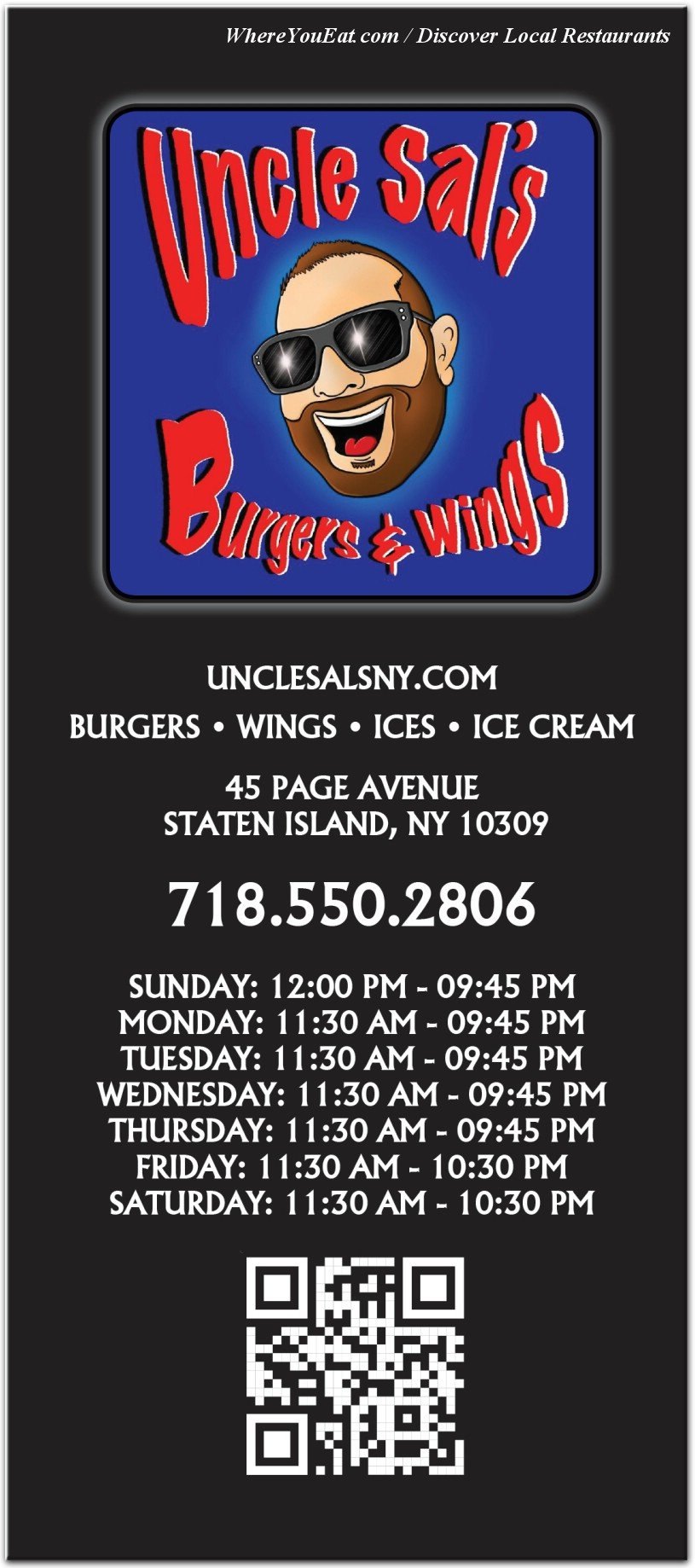 Uncle Sal's contact and hours menu scan